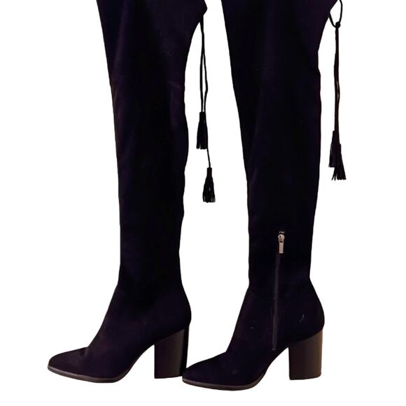 Marc Fisher Alinda Over The Knee Boots Size 9 BLACK Suede 2 Back Tie Tassels - Picture 2 of 16